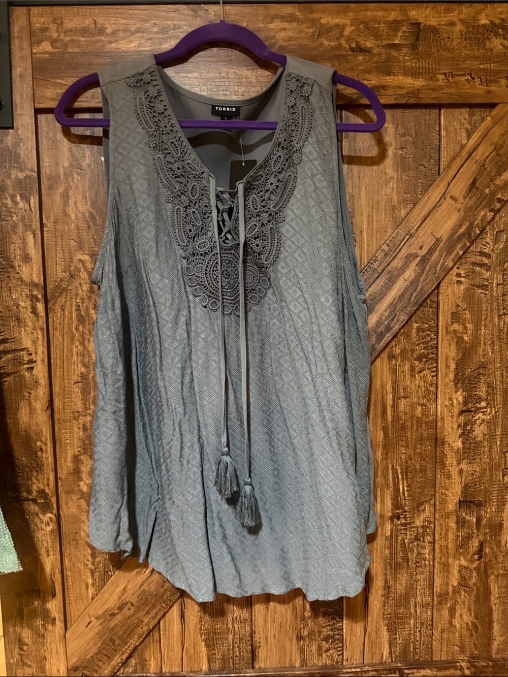 torrid Gray Lace-Up Crochet Tank with Tassels